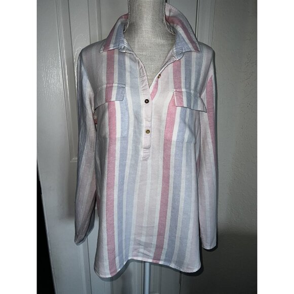 Ellen Tracy Striped Button-Front Shirt w/Roll-Tab Sleeves Womens L Pink/Blue - Picture 1 of 9